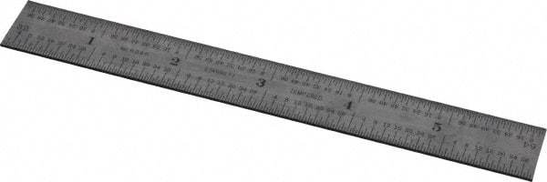 Starrett - 6" Long, 1/64, 1/32, 1/16, 1/8" Graduation, Rigid Spring Steel Rule - 4R Graduation Style, 3/4" Wide, Silver - USA Tool & Supply