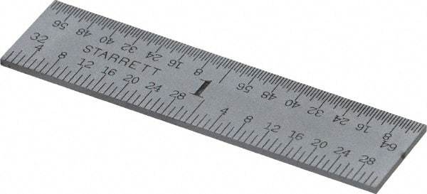 Starrett - 2" Long, 1/64, 1/32, 1/16, 1/8" Graduation, Rigid Spring Steel Rule - 4R Graduation Style, 1/2" Wide, Silver, Satin Chrome Finish - USA Tool & Supply