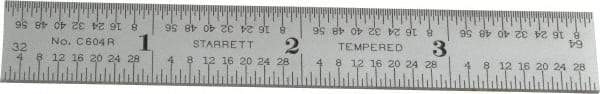 Starrett - 4" Long, 1/64, 1/32, 1/16, 1/8" Graduation, Rigid Spring Steel Rule - 4R Graduation Style, 5/8" Wide, Silver, Satin Chrome Finish - USA Tool & Supply