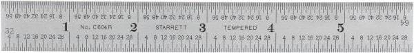 Starrett - 6" Long, 1/64, 1/32, 1/16, 1/8" Graduation, Rigid Spring Steel Rule - 4R Graduation Style, 3/4" Wide, Silver, Satin Chrome Finish - USA Tool & Supply