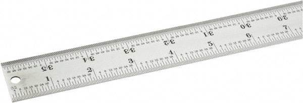Starrett - 36" Long, 1/64, 1/32, 1/16, 1/8" Graduation, Rigid Spring Steel Rule - 4R Graduation Style, 1-1/4" Wide, Silver, Satin Chrome Finish - USA Tool & Supply