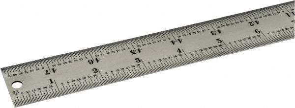 Starrett - 48" Long, 1/64, 1/32, 1/16, 1/8" Graduation, Rigid Spring Steel Rule - 4R Graduation Style, 1-1/4" Wide, Silver, Satin Chrome Finish - USA Tool & Supply