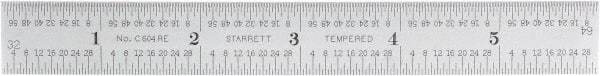 Starrett - 6" Long, 1/64, 1/32, 1/16, 1/8" Graduation, Rigid Spring Steel Rule - 4R Graduation Style, 3/4" Wide, Silver, Satin Chrome Finish - USA Tool & Supply
