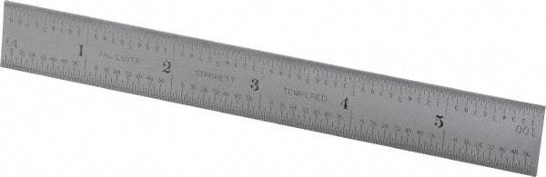 Starrett - 6" Long, 1/100, 1/64, 1/32, 1/16" Graduation, Rigid Spring Steel Rule - 7R Graduation Style, 3/4" Wide, Silver, Satin Chrome Finish - USA Tool & Supply