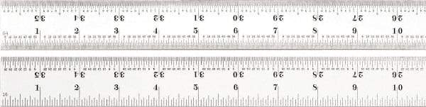 Starrett - 36" Long, 1/100, 1/64, 1/32, 1/16" Graduation, Rigid Spring Steel Rule - 7R Graduation Style, 1-1/4" Wide, Silver, Satin Chrome Finish - USA Tool & Supply
