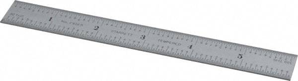 Starrett - 6" Long, 1/100, 1/64, 1/50, 1/32" Graduation, Rigid Spring Steel Rule - 16R Graduation Style, 3/4" Wide, Silver, Satin Chrome Finish - USA Tool & Supply