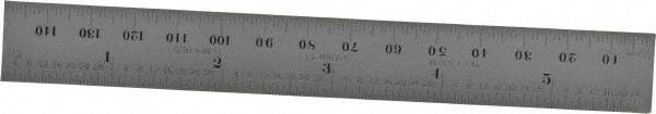 Starrett - 5-3/4" Long, 1/64, 1/32" and 0.5, 1mm Graduation, Rigid Spring Steel Rule - English/Metric Graduation Style, 3/4" Wide, Silver, Satin Chrome Finish - USA Tool & Supply