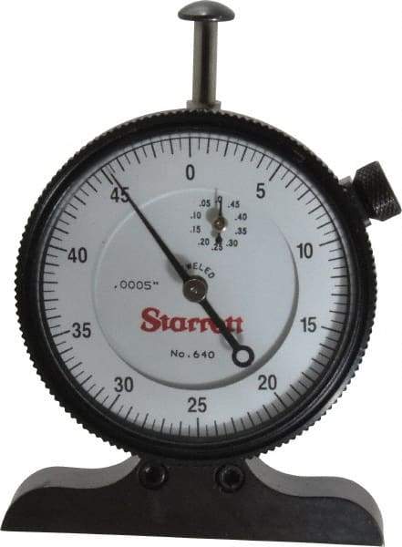 Starrett - 0 to 1/2 Inch Range, White Dial Depth Gage - 0.0005 Inch Graduation, 2-1/2 Inch Base Measuring Length - USA Tool & Supply