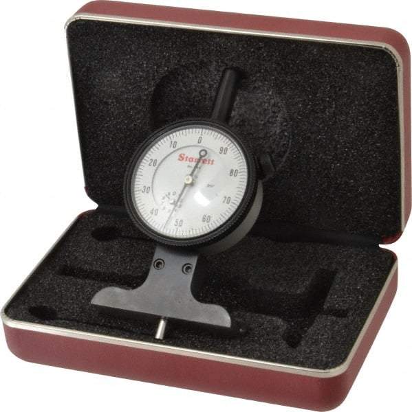 Starrett - 0 to 3 Inch Range, Ground Steel, White Dial Depth Gage - 0.001 Inch Graduation, 2-1/2 Inch Base Measuring Length - USA Tool & Supply