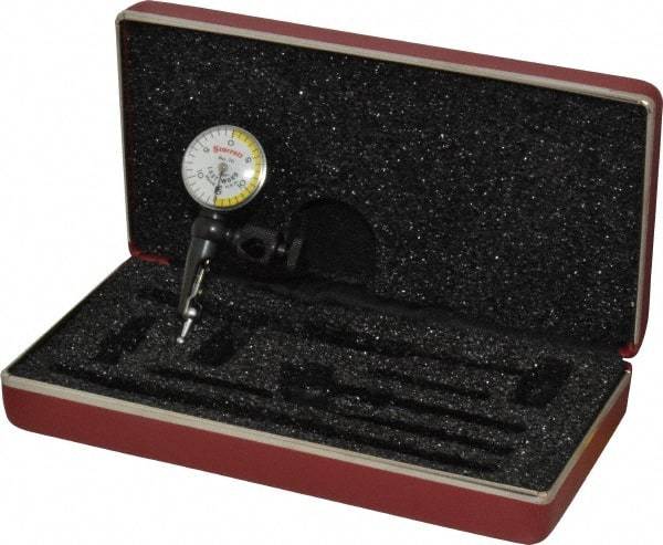Starrett - 3 Piece, 0" to 0.03" Measuring Range, 15/16" Dial Diam, 0-15-0 Dial Reading, White & Yellow Dial Test Indicator Kit - 5/32" Contact Point Length, 3mm Ball Diam, 0.001" Dial Graduation - USA Tool & Supply