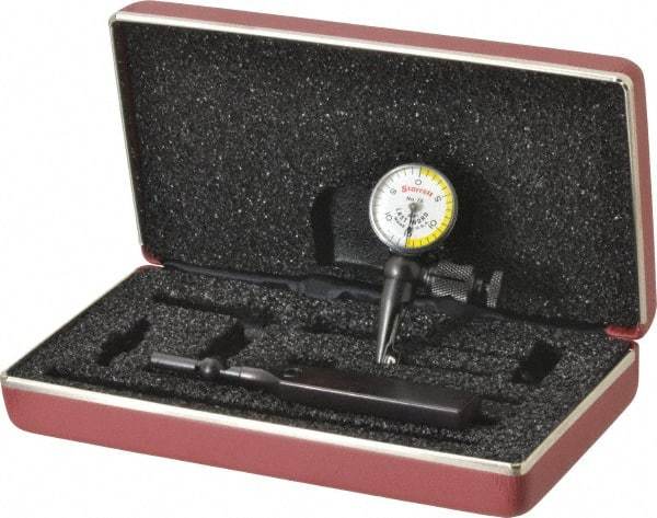 Starrett - 4 Piece, 0" to 0.03" Measuring Range, 15/16" Dial Diam, 0-15-0 Dial Reading, White & Yellow Dial Test Indicator Kit - 5/32" Contact Point Length, 3mm Ball Diam, 0.001" Dial Graduation - USA Tool & Supply