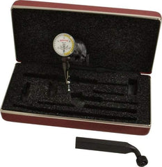 Starrett - 3 Piece, 0" to 0.03" Measuring Range, 15/16" Dial Diam, 0-15-0 Dial Reading, White & Yellow Dial Test Indicator Kit - 5/32" Contact Point Length, 3mm Ball Diam, 0.001" Dial Graduation - USA Tool & Supply