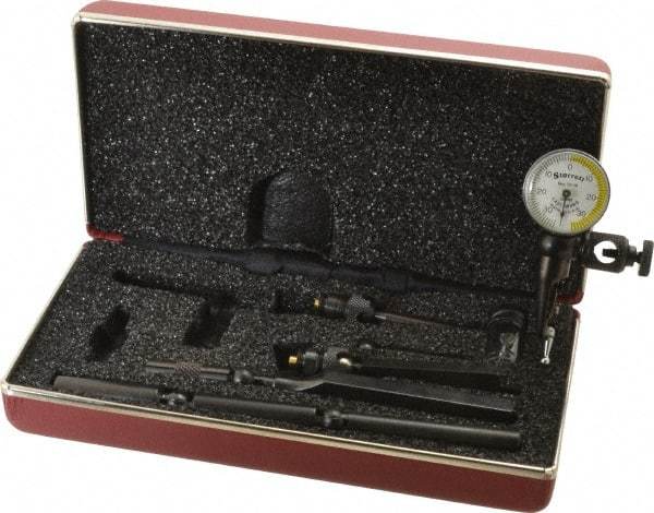 Starrett - 11 Piece, 0mm to 0.7mm Measuring Range, 15/16" Dial Diam, 0-35-0 Dial Reading, White & Yellow Dial Test Indicator Kit - 5/32" Contact Point Length, 0.9, 1.6 & 3mm Ball Diam, 0.01mm Dial Graduation - USA Tool & Supply
