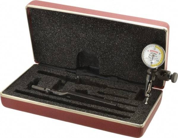 Starrett - 4 Piece, 0" to 0.03" Measuring Range, 15/16" Dial Diam, 0-15-0 Dial Reading, White & Yellow Dial Test Indicator Kit - 5/32" Contact Point Length, 3mm Ball Diam, 0.0005" Dial Graduation - USA Tool & Supply