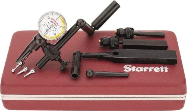 Starrett - 11 Piece, 0" to 0.03" Measuring Range, 15/16" Dial Diam, 0-15-0 Dial Reading, White & Yellow Dial Test Indicator Kit - 5/32" Contact Point Length, 0.9, 1.6 & 3mm Ball Diam, 0.0005" Dial Graduation - USA Tool & Supply