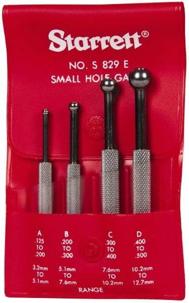 Starrett - 1/8 to 1/2 Inch Measurement, Small Hole Gage Set - 2-7/8, 3, 3-3/8 and 3-1/2 Inch Long, Full Ball, Includes Case - USA Tool & Supply