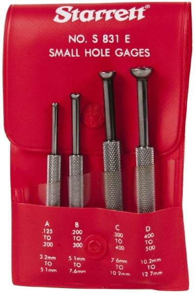 Starrett - 1/8 to 1/2 Inch Measurement, Small Hole Gage Set - 2-13/16, 3-1/8, 3-3/8 and 3-1/2 Inch Long, Half Ball, Includes Case - USA Tool & Supply