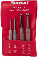 Starrett - 1/8 to 1/2 Inch Measurement, Small Hole Gage Set - 2-13/16, 3-1/8, 3-3/8 and 3-1/2 Inch Long, Half Ball, Includes Case - USA Tool & Supply