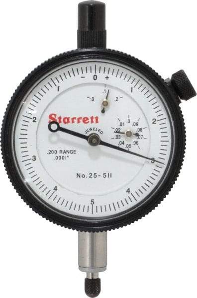 Starrett - 0.2" Range, 0-5-0 Dial Reading, 0.0001" Graduation Dial Drop Indicator - 2-1/4" Dial, 0.01" Range per Revolution, Revolution Counter - USA Tool & Supply