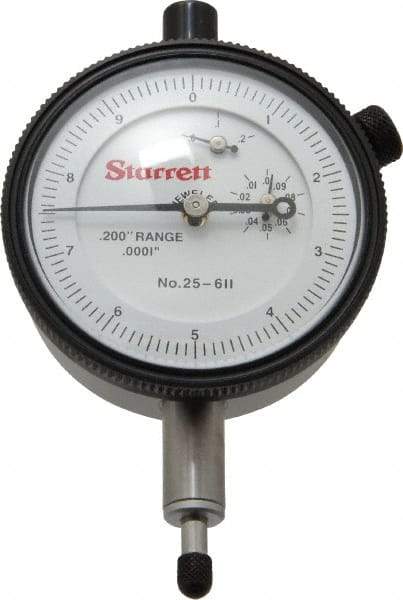 Starrett - 0.2" Range, 0-10 Dial Reading, 0.0001" Graduation Dial Drop Indicator - 2-1/4" Dial, 0.01" Range per Revolution, Revolution Counter - USA Tool & Supply
