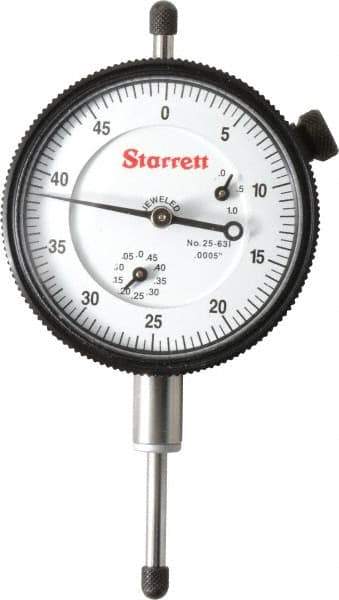 Starrett - 1" Range, 0-50 Dial Reading, 0.0005" Graduation Dial Drop Indicator - 2-1/4" Dial, 0.05" Range per Revolution, Revolution Counter - USA Tool & Supply