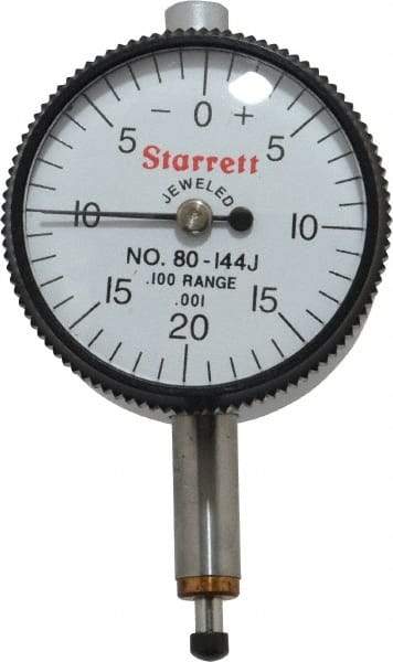 Starrett - 0.1" Range, 0-20-0 Dial Reading, 0.001" Graduation Dial Drop Indicator - 1-1/4" Dial, 0.04" Range per Revolution, Revolution Counter - USA Tool & Supply