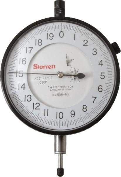 Starrett - 0.4" Range, 0-20 Dial Reading, 0.0001" Graduation Dial Drop Indicator - 3-5/8" Dial, 0.02" Range per Revolution - USA Tool & Supply