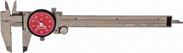 Starrett - 0" to 6" Range, 0.001" Graduation, 0.1" per Revolution, Dial Caliper - Red Face, 1-1/2" Jaw Length, Accurate to 0.0010" - USA Tool & Supply
