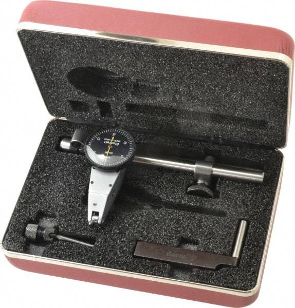 Starrett - 7 Piece, 0" to 0.03" Measuring Range, 1-3/8" Dial Diam, 0-15-0 Dial Reading, Black Dial Test Indicator Kit - 5/8" Contact Point Length, 2mm Ball Diam, 0.0005" Dial Graduation - USA Tool & Supply