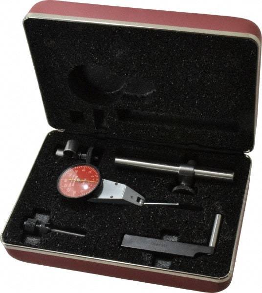 Starrett - 7 Piece, 0" to 0.06" Measuring Range, 1-3/8" Dial Diam, 0-30-0 Dial Reading, Red Dial Test Indicator Kit - 1-5/16" Contact Point Length, 2mm Ball Diam, 0.001" Dial Graduation - USA Tool & Supply
