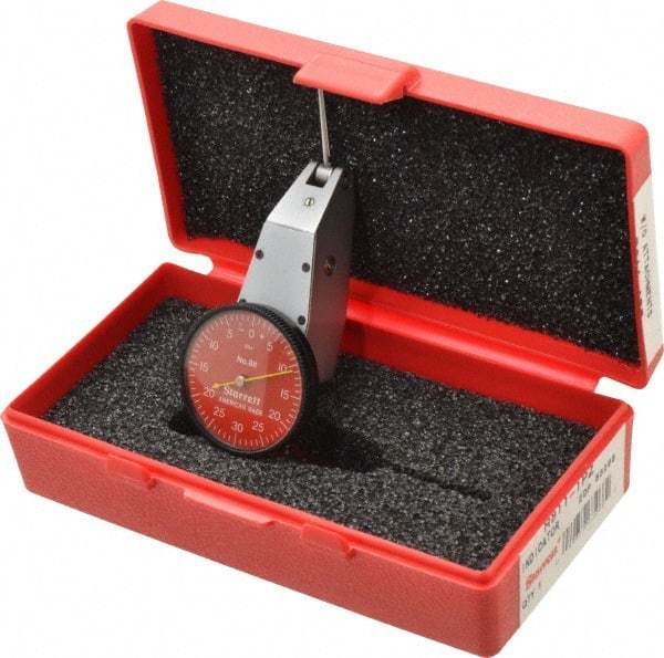 Starrett - 0.06 Inch Range, 0.001 Inch Dial Graduation, Horizontal Dial Test Indicator - 1-3/8 Inch Red Dial, 0-30-0 Dial Reading - USA Tool & Supply