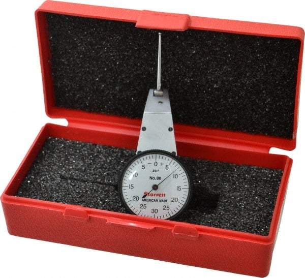Starrett - 0.06 Inch Range, 0.001 Inch Dial Graduation, Horizontal Dial Test Indicator - 1-3/8 Inch White Dial, 0-30-0 Dial Reading - USA Tool & Supply