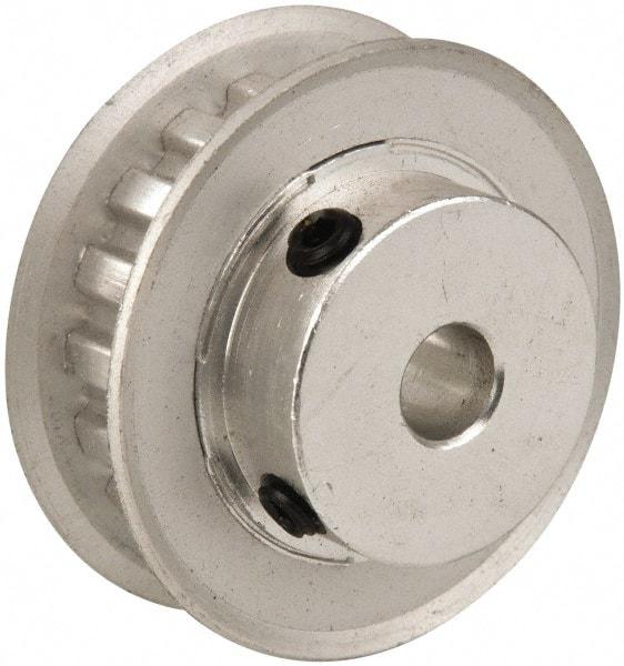 Power Drive - 18 Tooth, 1/4" Inside x 1-1/8" Outside Diam, Hub & Flange Timing Belt Pulley - 1/4" Belt Width, 1.146" Pitch Diam, 0.438" Face Width, Aluminum - USA Tool & Supply