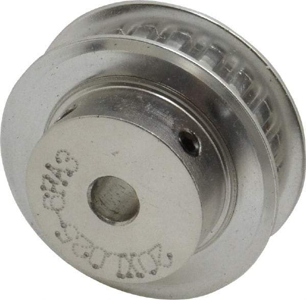 Power Drive - 20 Tooth, 1/4" Inside x 1.253" Outside Diam, Hub & Flange Timing Belt Pulley - 1/4" Belt Width, 1.273" Pitch Diam, 0.438" Face Width, Aluminum - USA Tool & Supply