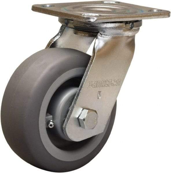 Hamilton - 5" Diam x 2" Wide x 6-1/2" OAH Top Plate Mount Swivel Caster - Rubber Mold on Polyolefin, 350 Lb Capacity, Straight Roller Bearing, 4 x 4-1/2" Plate - USA Tool & Supply