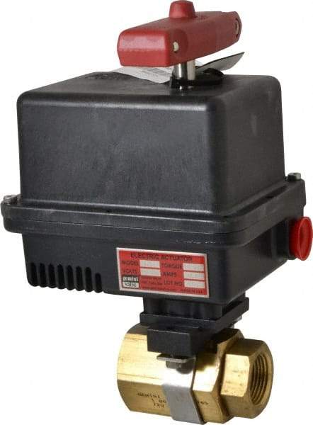 Gemini Valve - 1" Pipe, 720 psi WOG Rating Brass Electric Actuated Ball Valve - Reinforced PTFE Seal, Standard Port, Threaded (NPT) End Connection - USA Tool & Supply