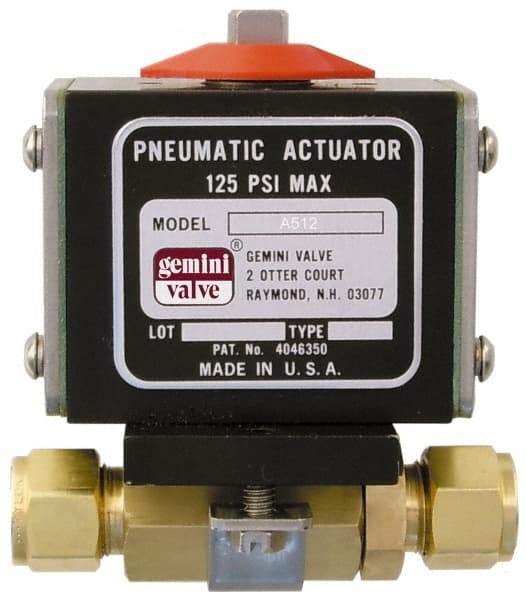 Gemini Valve - 1" Pipe, 1,000 psi WOG Rating Brass Pneumatic Double Acting with Solenoid Actuated Ball Valve - Reinforced PTFE Seal, Standard Port, TYLOK (Compression) End Connection - USA Tool & Supply