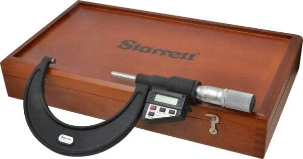 Starrett - 3 to 4" Range, 0.0001" Resolution, Standard Throat, Electronic Outside Micrometer - 0.0002" Accuracy, Friction Thimble, Micro Lapped Carbide Face, CR2450 Battery, Data Output, Includes 3V Battery - USA Tool & Supply