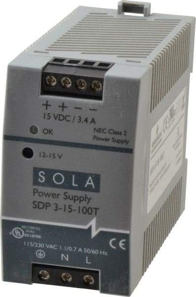 Sola/Hevi-Duty - 100 Watt, 4.2 to 3.4 Amp, 264 VAC, 375 VDC Input, 12 to 15 VDC Output, DIN Rail Power Supply - Screw Terminal Connection, 1 Output, 1.77 Inch Wide x 3.58 Inch Deep x 2.95 Inch High, Up to 86% Efficiency, 14 to 140°F, Green LED Display - USA Tool & Supply