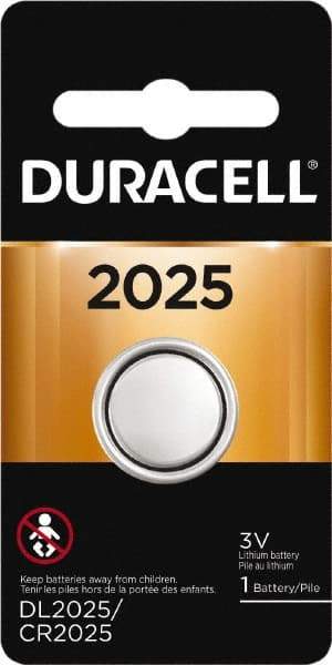 Duracell - Size 2025, Lithium, 1 Pack, Button & Coin Cell Battery - 3 Volts, Flat Terminal, CR2025 - USA Tool & Supply