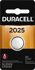 Duracell - Size 2025, Lithium, 1 Pack, Button & Coin Cell Battery - 3 Volts, Flat Terminal, CR2025 - USA Tool & Supply