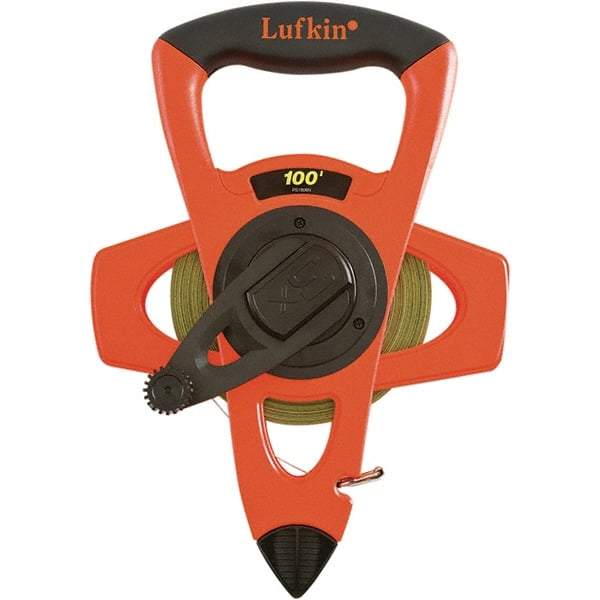 Lufkin - 100' x 1/2" Yellow Steel Blade Tape Measure - 1/100" Graduation, Inch Graduation Style, Orange/Black ABS Plastic Case - USA Tool & Supply