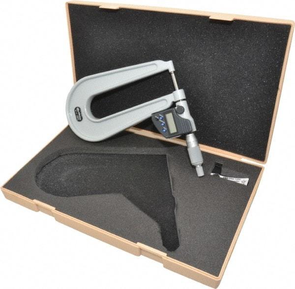 Mitutoyo - 0 to 1 Inch Range, 0.0001 Inch Resolution, Deep Throat, IP65 Electronic Outside Micrometer - 0.0002 Inch Accuracy, 6.3 Inch Throat, Ratchet Stop Thimble, Carbide Face, SR44 Battery, Data Output, Includes Plastic Case - USA Tool & Supply