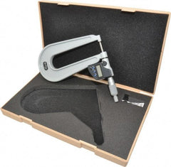 Mitutoyo - 0 to 1 Inch Range, 0.0001 Inch Resolution, Deep Throat, IP65 Electronic Outside Micrometer - 0.0002 Inch Accuracy, 6.3 Inch Throat, Ratchet Stop Thimble, Carbide Face, SR44 Battery, Data Output, Includes Plastic Case - USA Tool & Supply