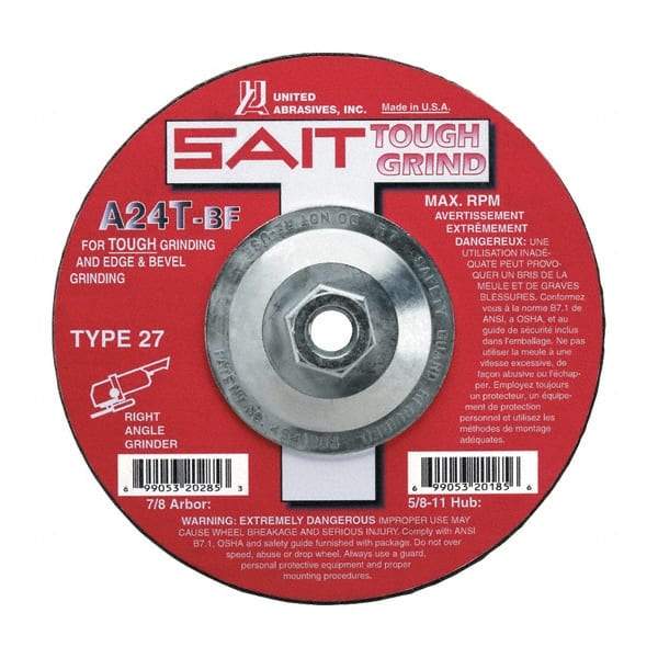 Sait - 24 Grit, 4-1/2" Wheel Diam, 1/4" Wheel Thickness, Type 27 Depressed Center Wheel - Aluminum Oxide, Resinoid Bond, T Hardness, 13,300 Max RPM, Compatible with Angle Grinder - USA Tool & Supply