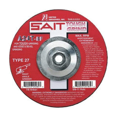 Sait - 24 Grit, 4-1/2" Wheel Diam, 1/4" Wheel Thickness, Type 27 Depressed Center Wheel - Aluminum Oxide, Resinoid Bond, T Hardness, 13,300 Max RPM, Compatible with Angle Grinder - USA Tool & Supply