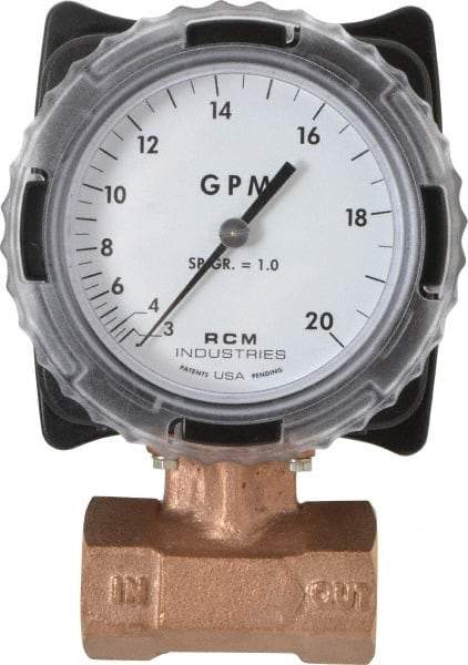 Made in USA - 1" NPT Port RCM Industries Flo-Gage Flowmeter - 180 Max psi, 3 to 20 GPM, Bronze - USA Tool & Supply