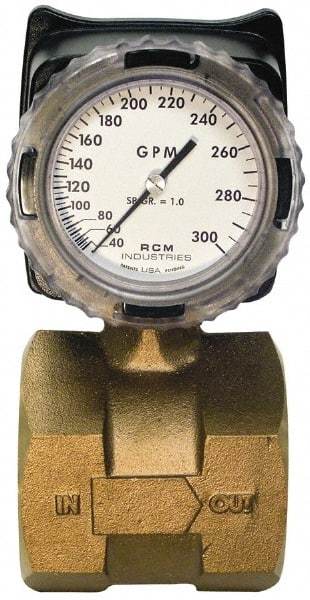 Made in USA - 3" NPT Port RCM Industries Flo-Gage Flowmeter - 180 Max psi, 40 to 300 GPM, Bronze - USA Tool & Supply