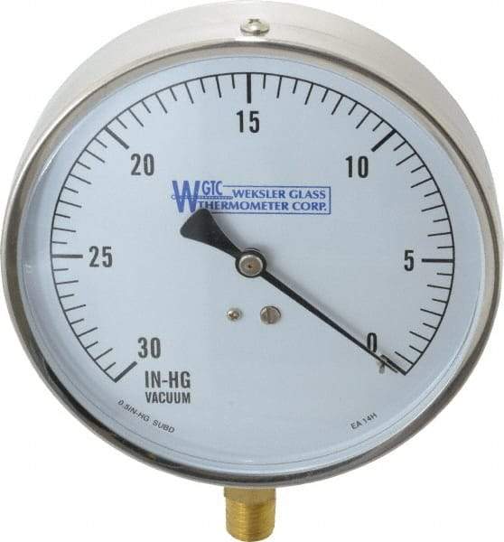 WGTC - 4-1/2" Dial, 1/4 Thread, 30-0 Scale Range, Pressure Gauge - Lower Connection Mount, Accurate to 1% of Scale - USA Tool & Supply