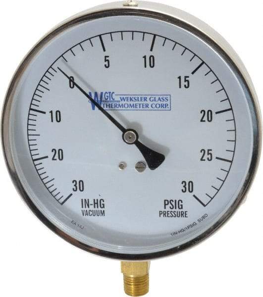 WGTC - 4-1/2" Dial, 1/4 Thread, 30-0-30 Scale Range, Pressure Gauge - Lower Connection Mount, Accurate to 1% of Scale - USA Tool & Supply